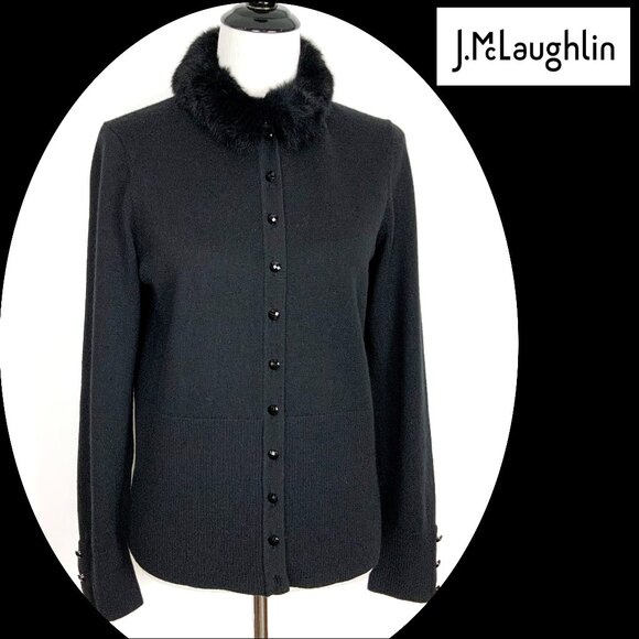 J. McLaughlin Sweaters - J. Mclaughlin Wool Button Up Rabbit Fur Collar Cardigan Sweater Black Size L